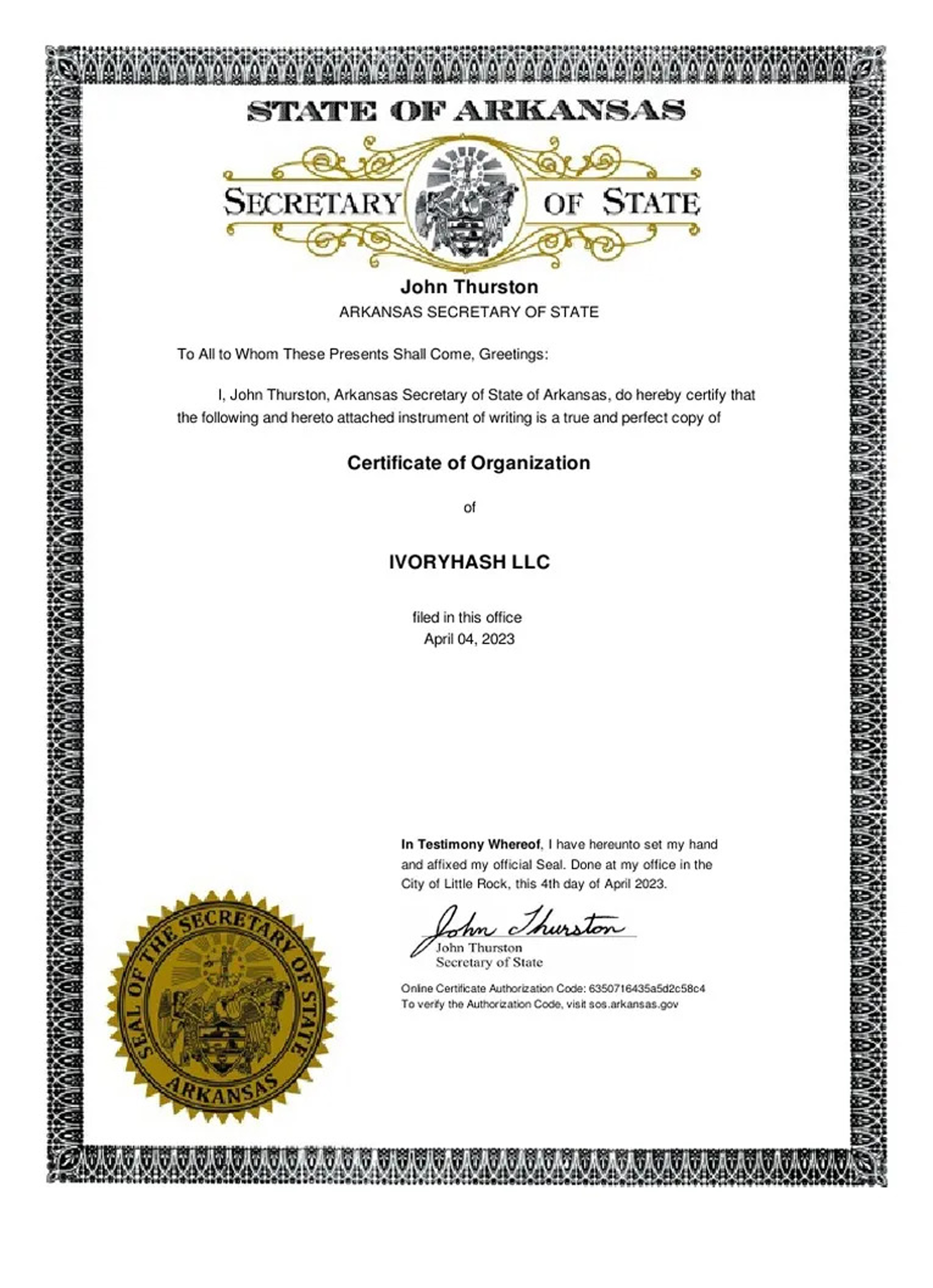 USA Arkanas company certificate of organization